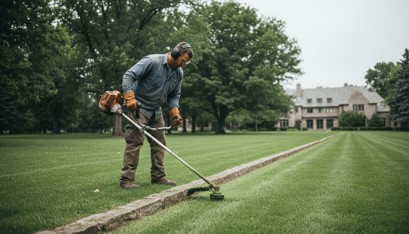 Landscaping worker edging a large estate lawn