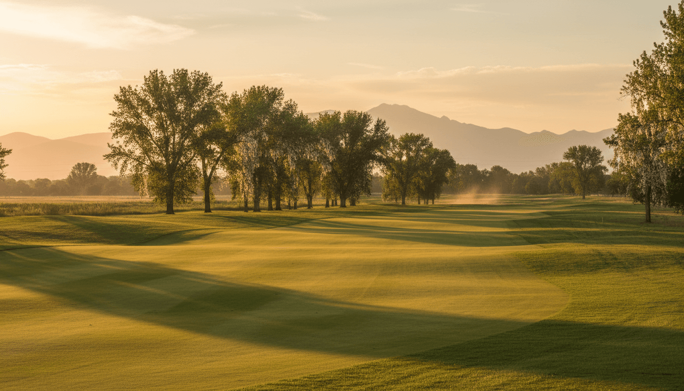 Wide view of a mowed fairway with clean mowing lines at a large Denver property at golden hour