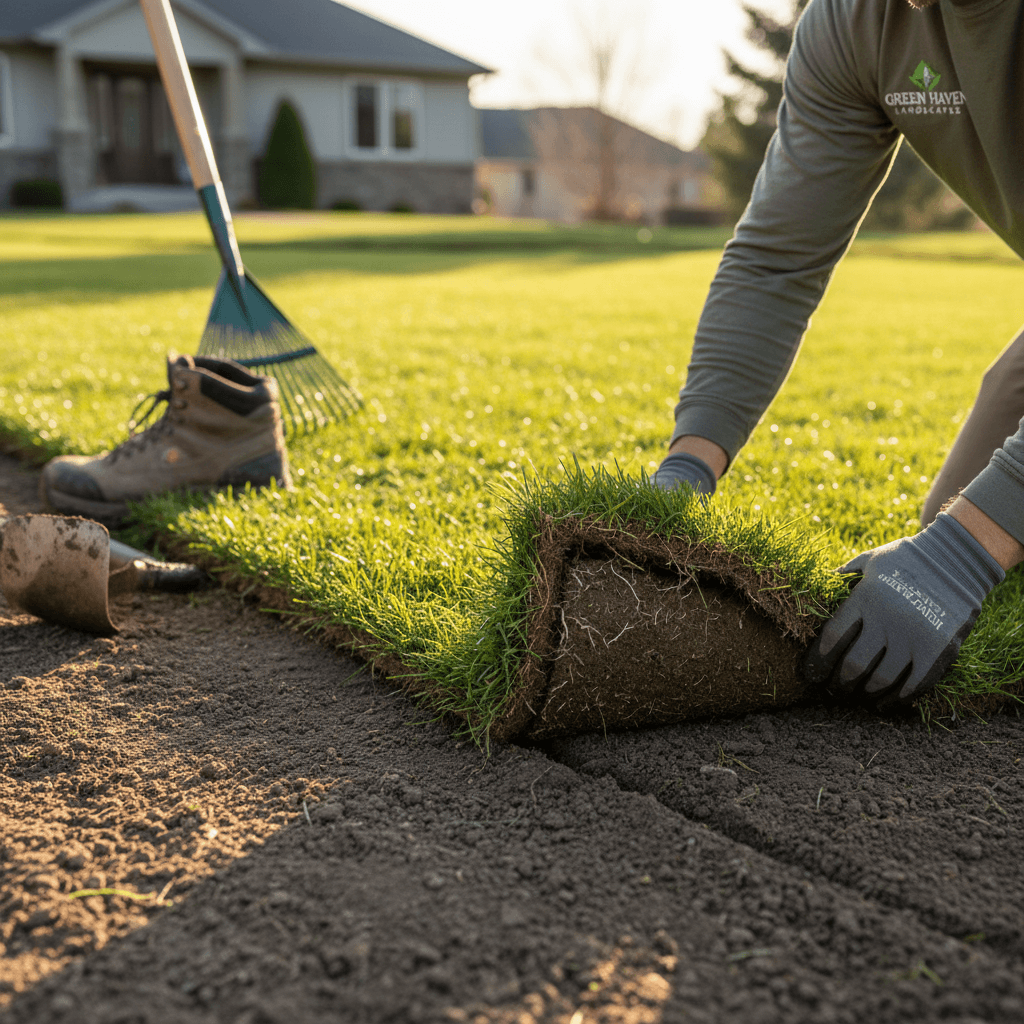 Close-up of sod being laid by hand on a large property