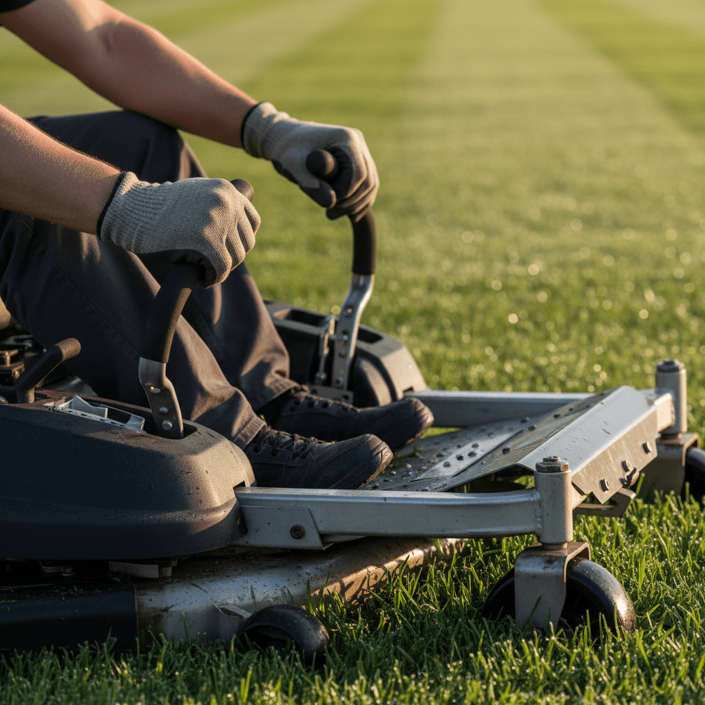 Hands pushing a reel mower across a freshly striped fairway at golden hour
