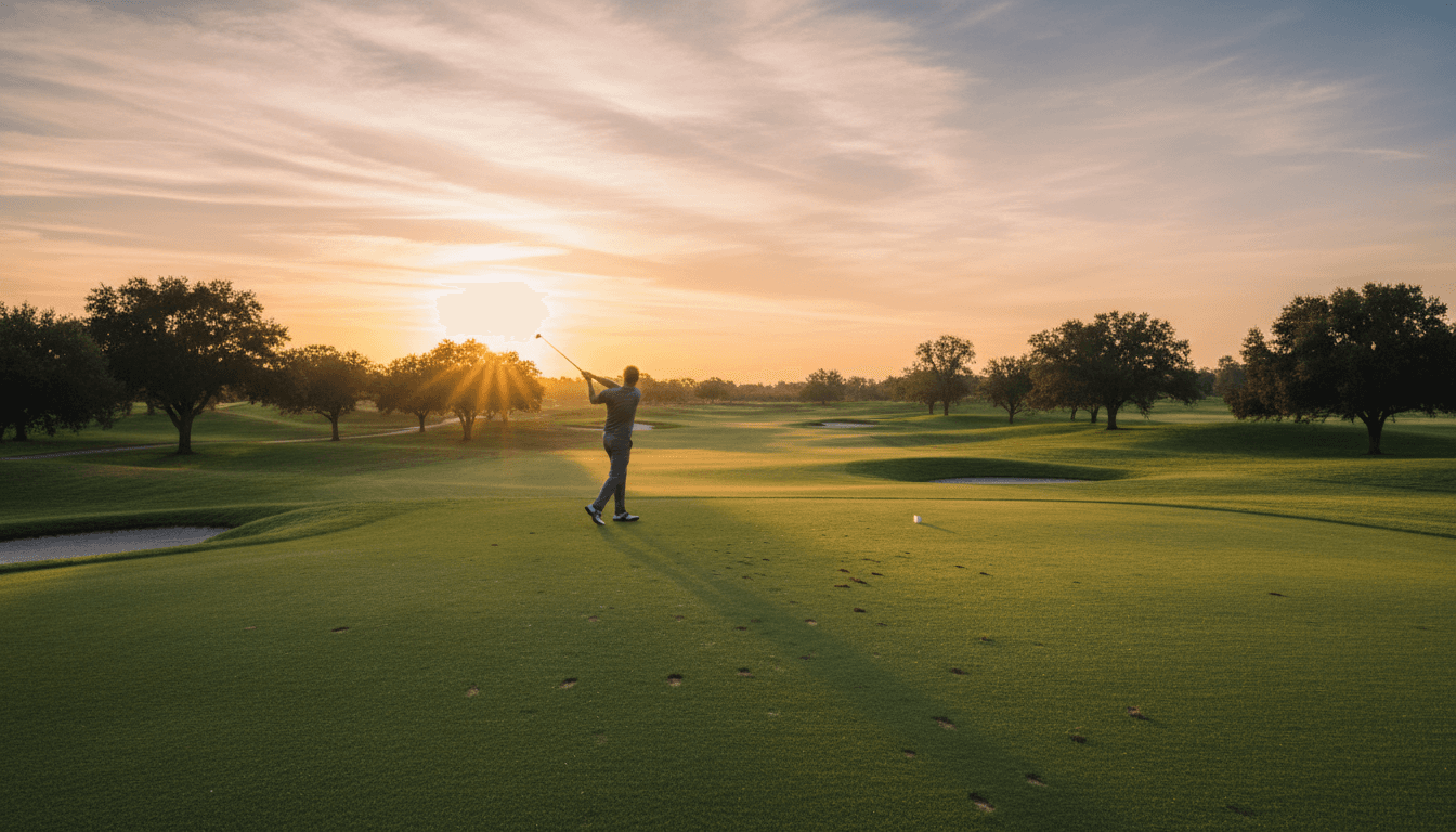 Freshly mowed golf course fairway at golden hour with stripe pattern running toward the Denver foothills