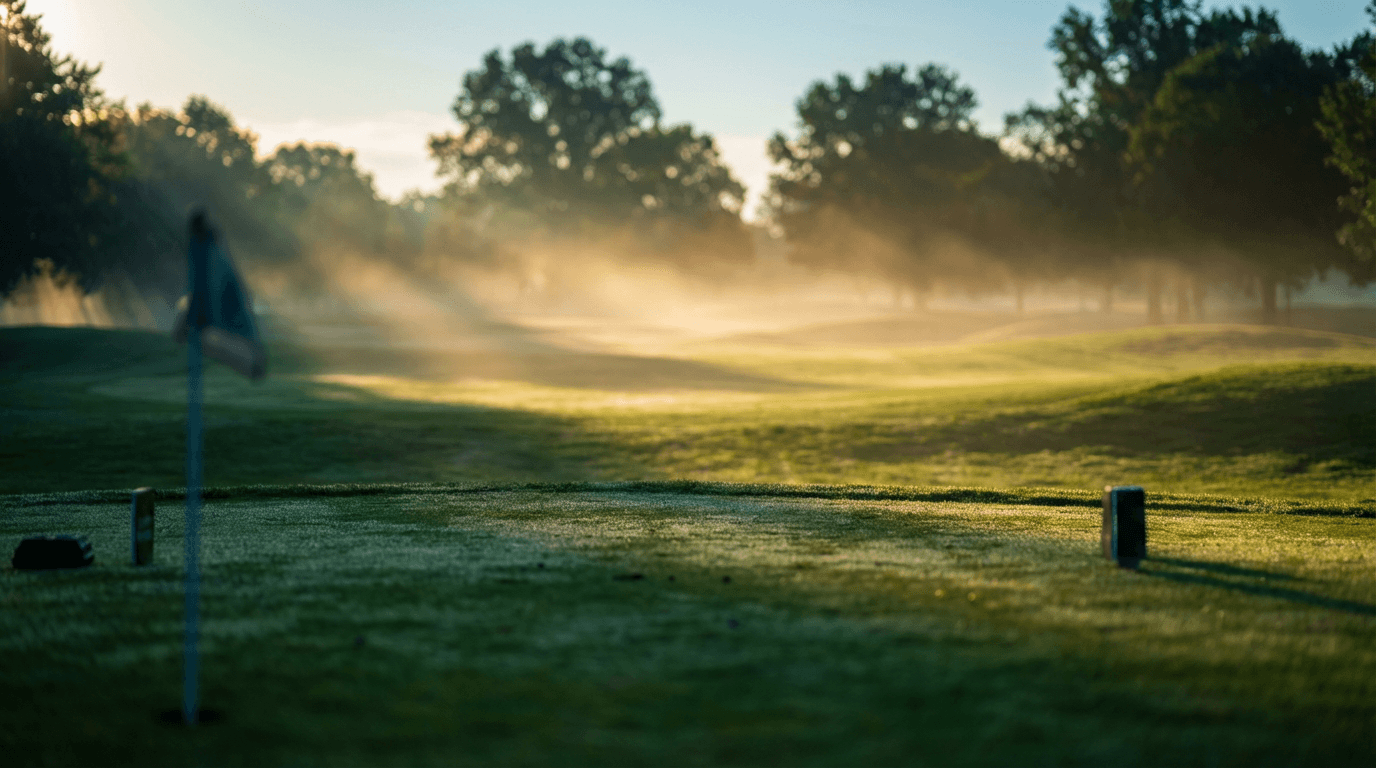 Denver golf course fairway with fresh mow stripes at sunrise