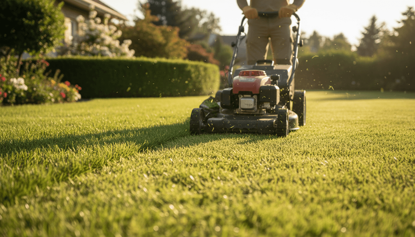 Solo landscaper mowing a wide estate lawn in Denver